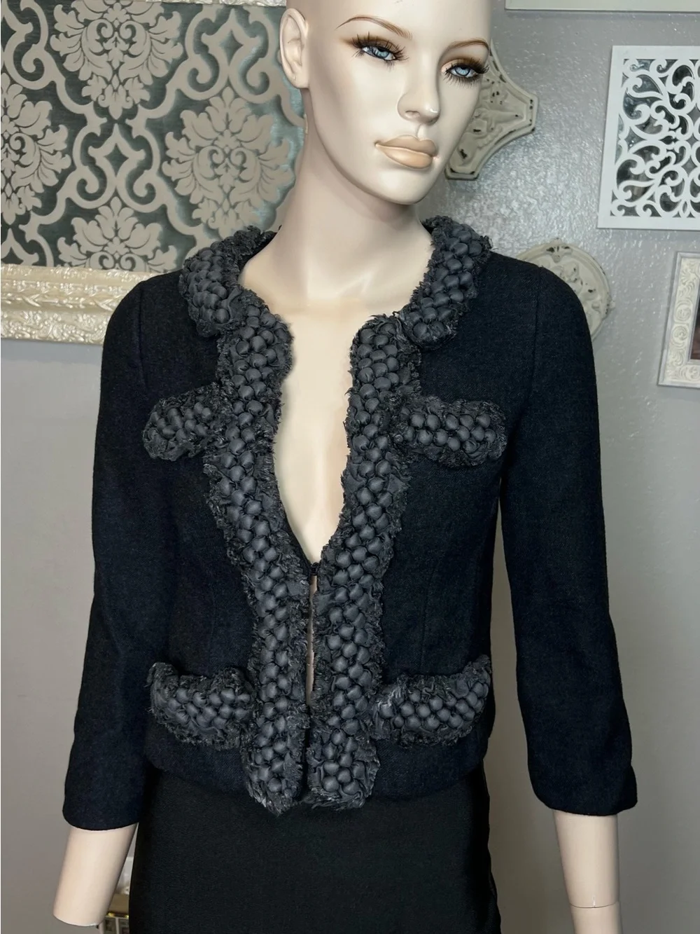 J Crew Wool Blend Denim Blue Cropped Jacket with Braided Trim